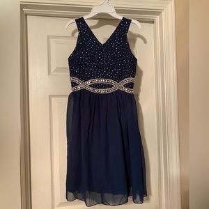 NWT Speechless Girls size 14 Navy Blue sleeveless jeweled waist V neck Dress